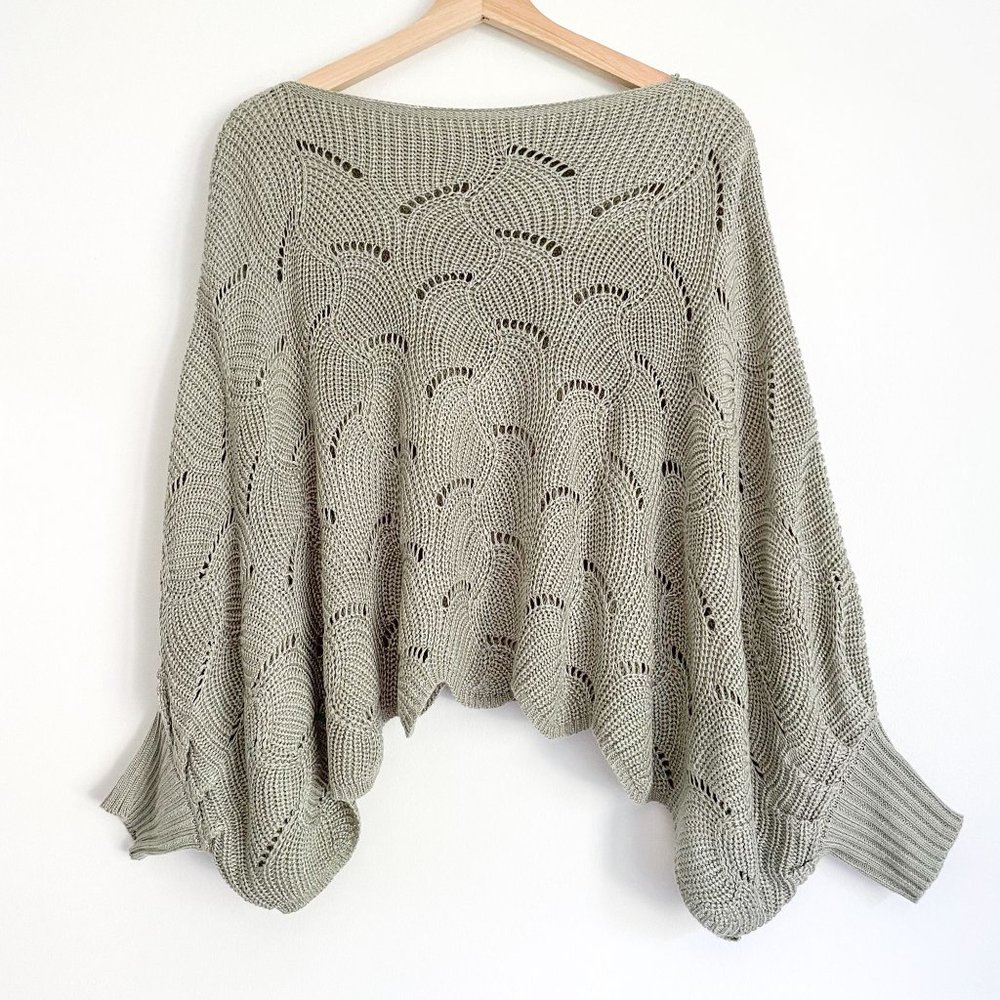 Moon & Madison Sage Green Scallop Knit Dolman Sleeve Cropped Sweater
